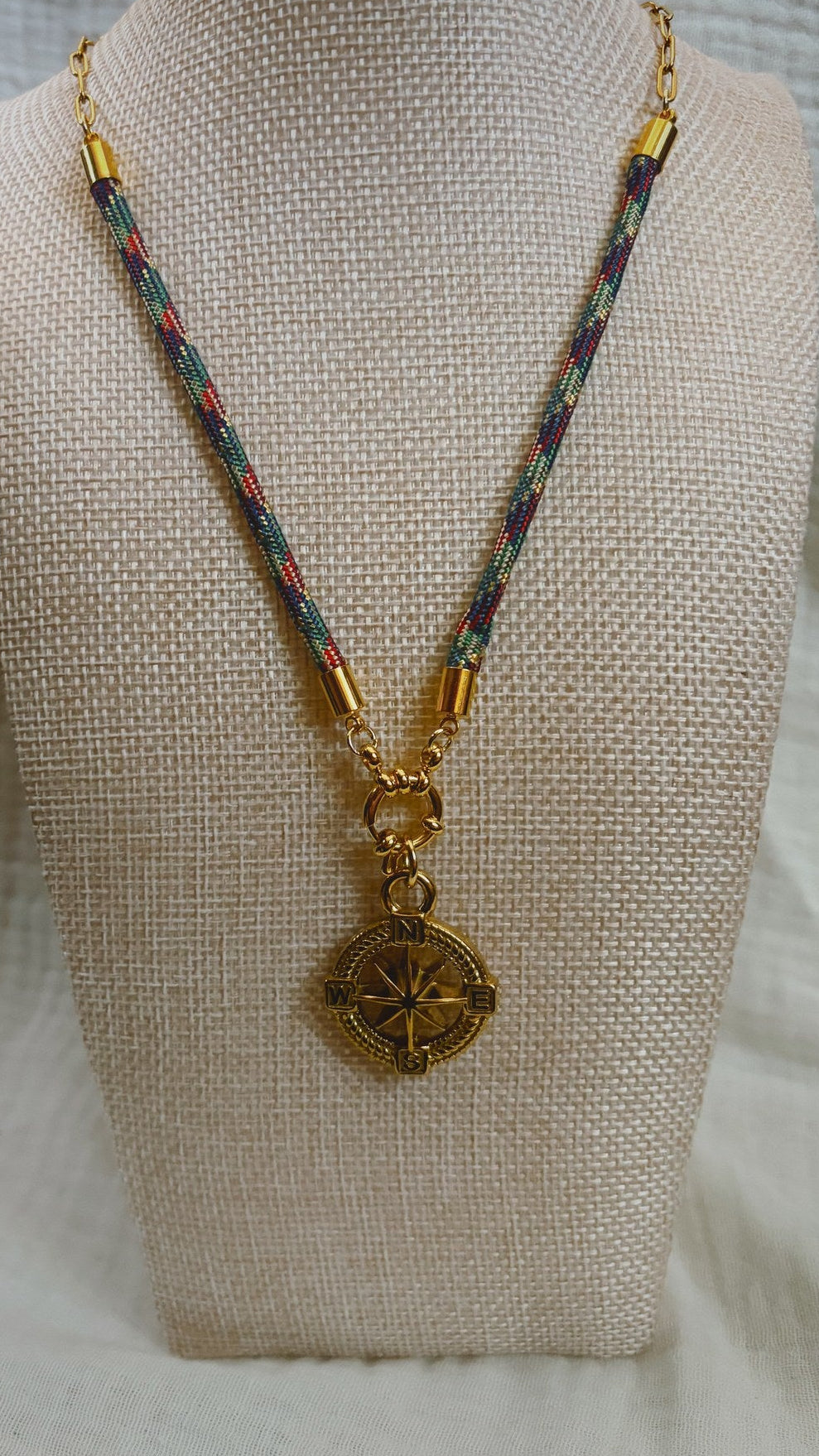 Compass Rose Necklace, Green, Red and Navy Cord