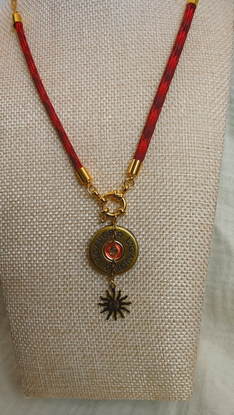 Shotgun Shell Sun Necklace, Red Cord