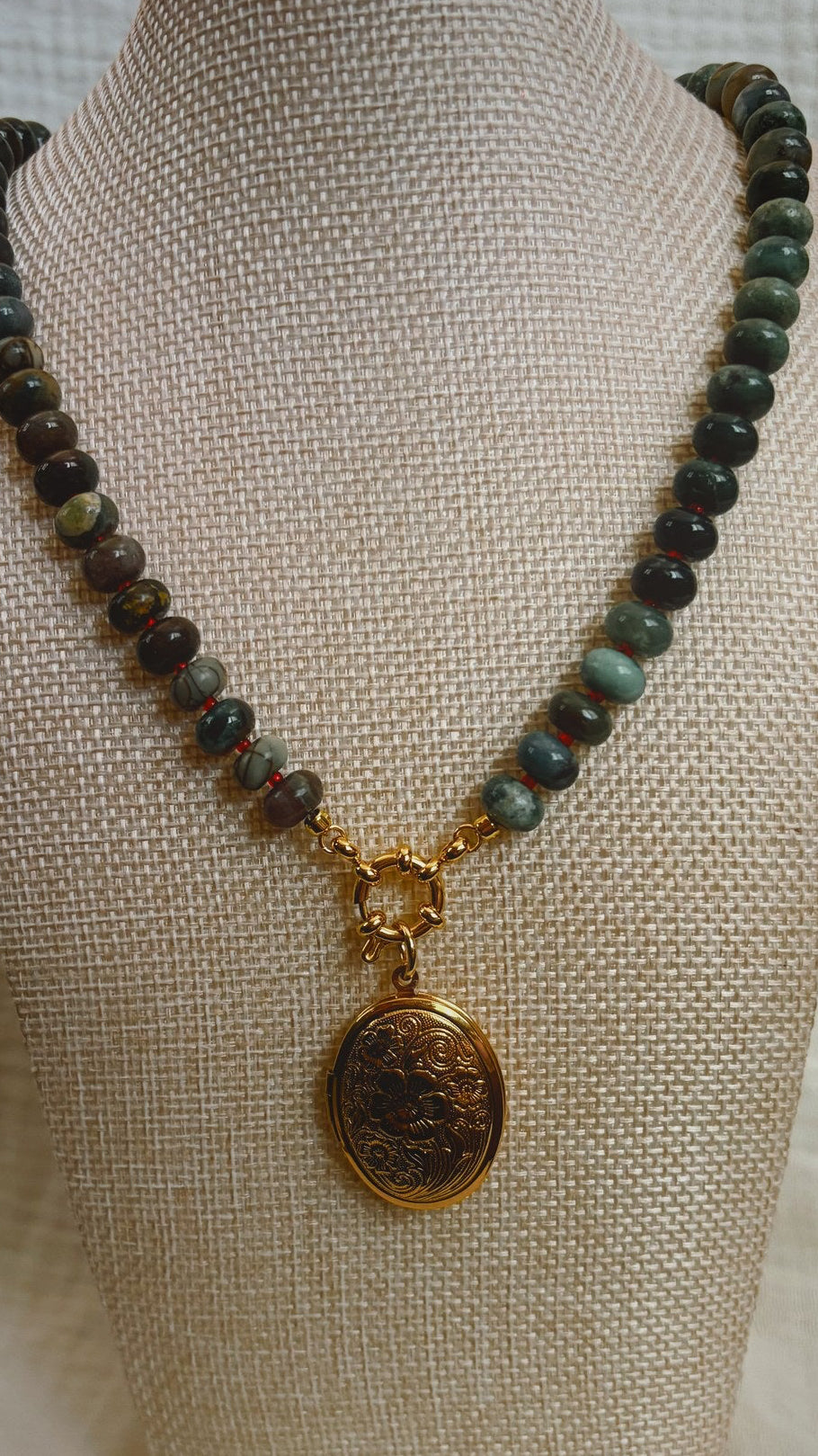 Gemstone Locket Necklace, Forest Green Stone