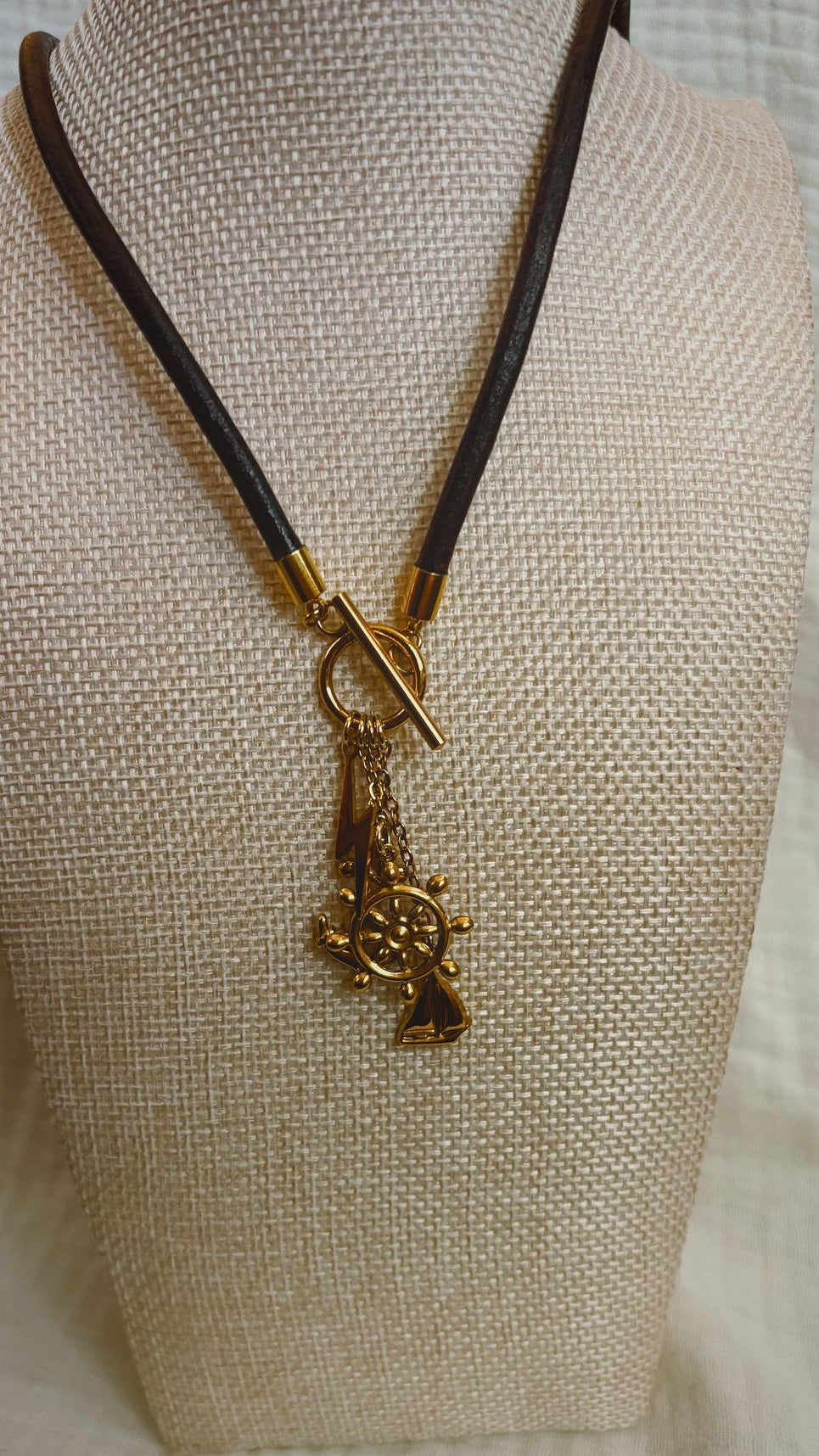 Nautical Charm Toggle Necklace, Brown Leather Cord