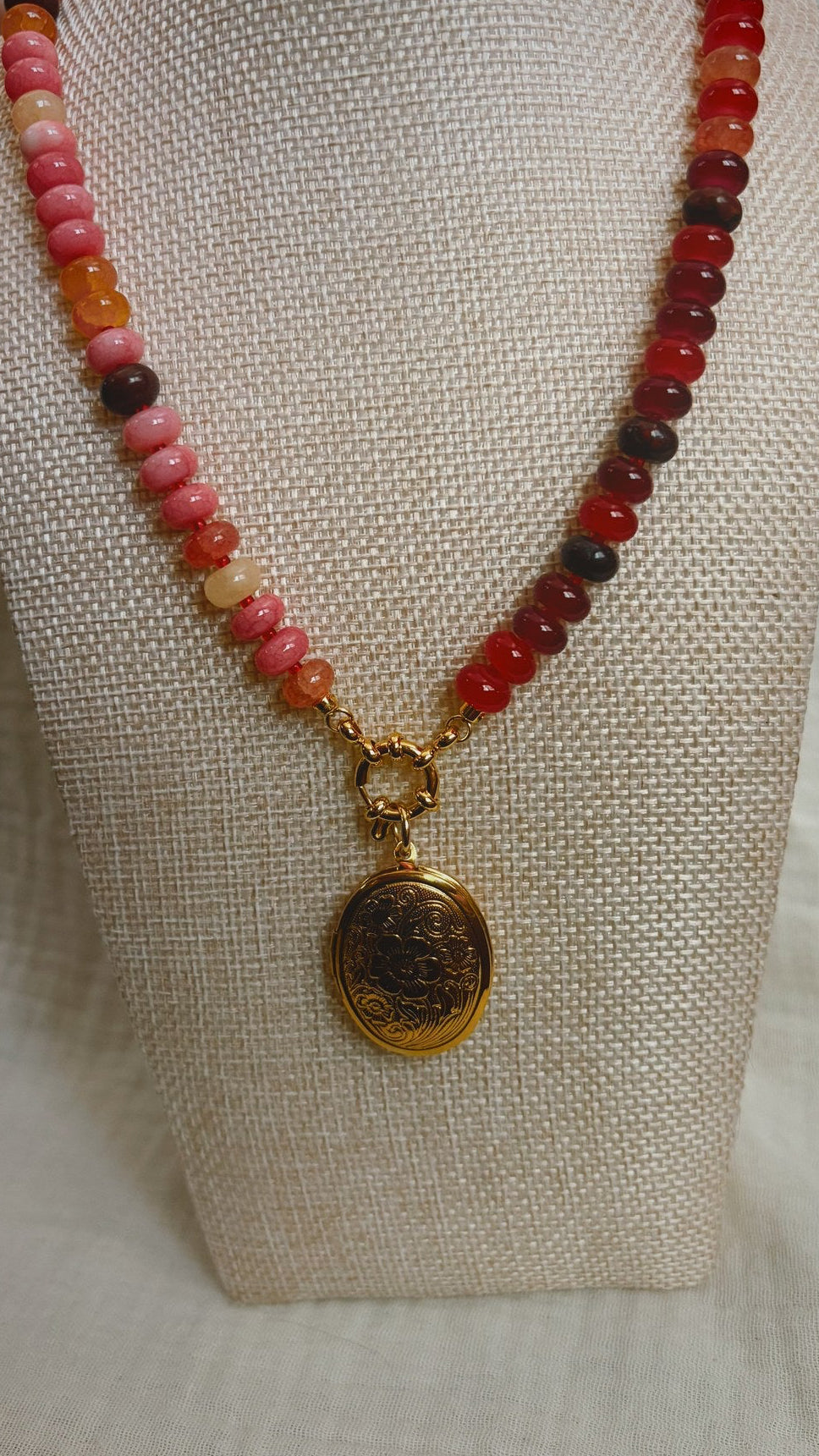 Gemstone Locket Necklace, Pink, Orange and Red Stone