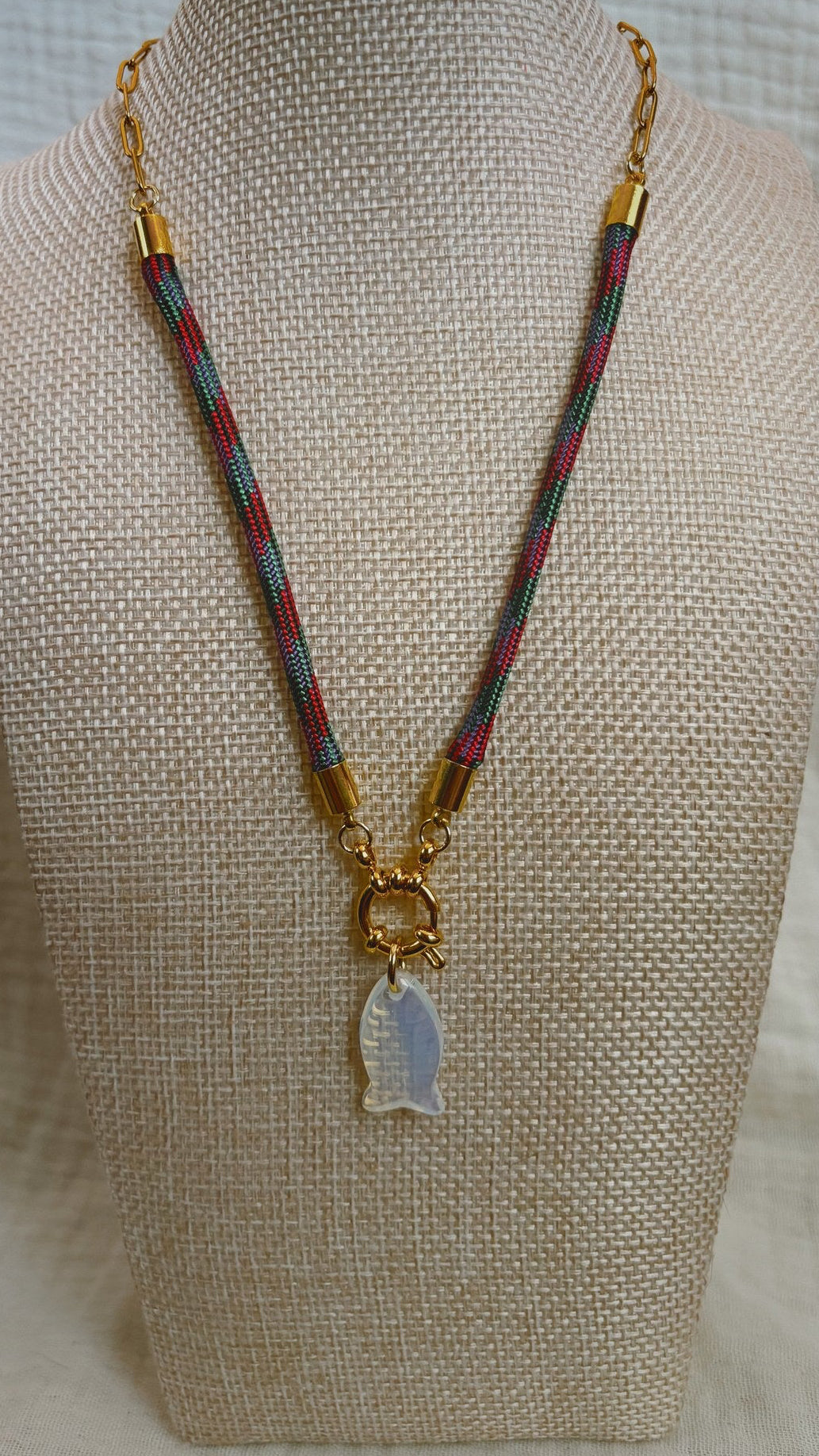 Mother of Pearl Fish Necklace, Red and Green Cord
