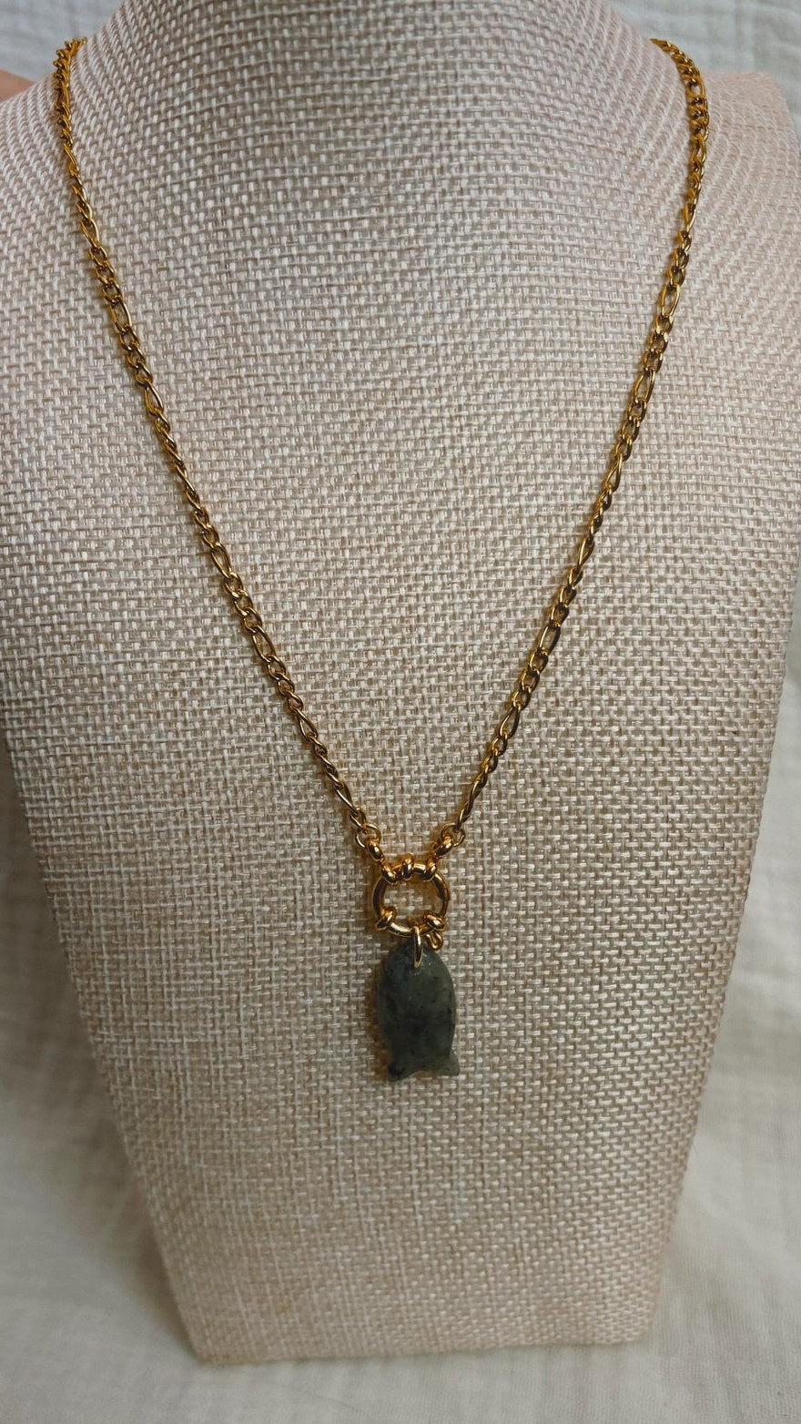 Stone Fish Necklace, Gold Figaro Chain