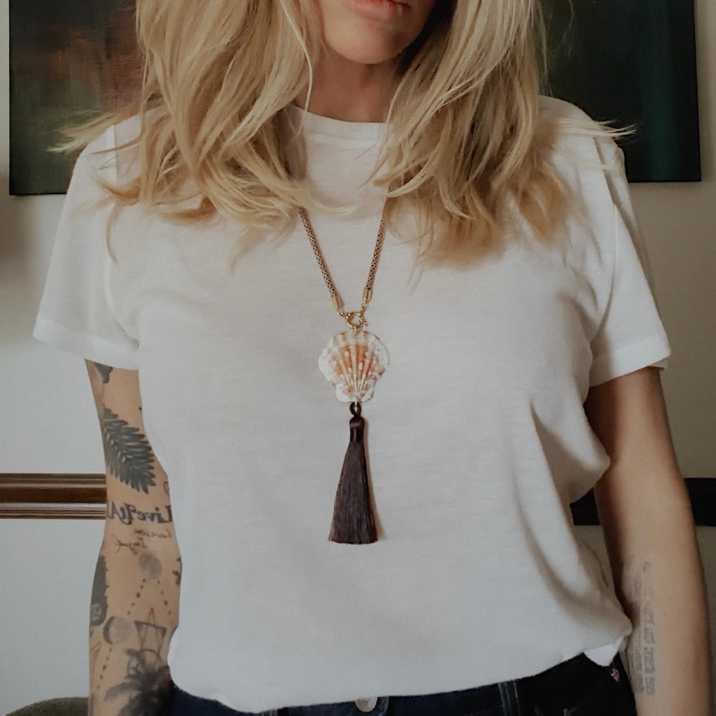 Scallop Shell Tassel Necklace, Brown and Cream Cord with Espresso Tassel