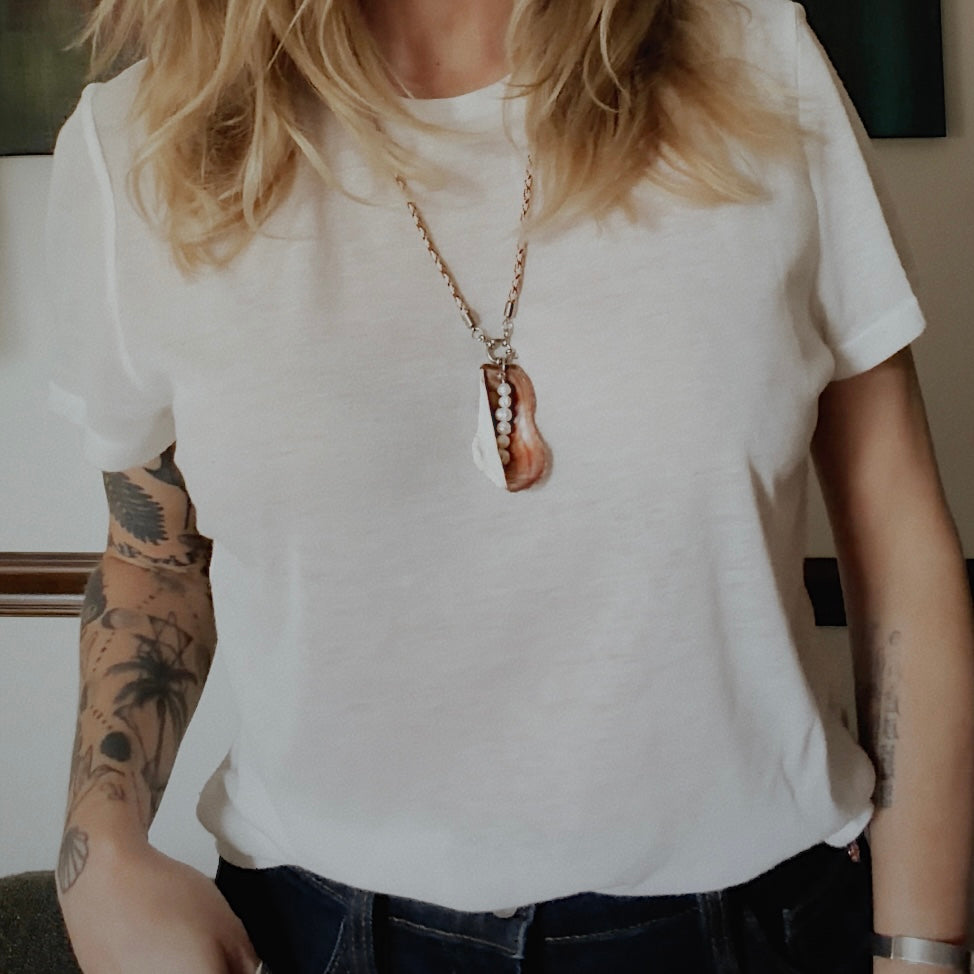 Copper Ark Shell Pearl Necklace, Rust and Cream Cord
