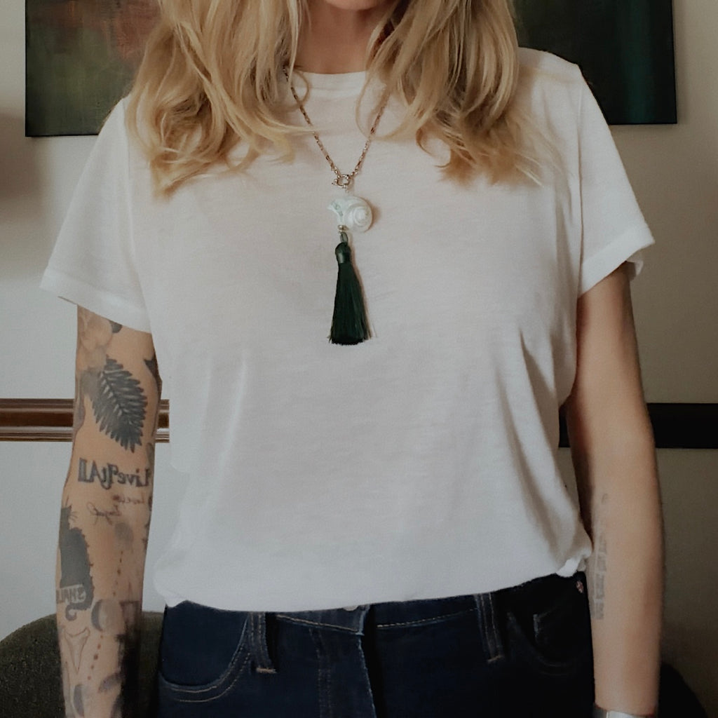 Jade Turbo Shell with Pearl and Tassel Necklace, Silver