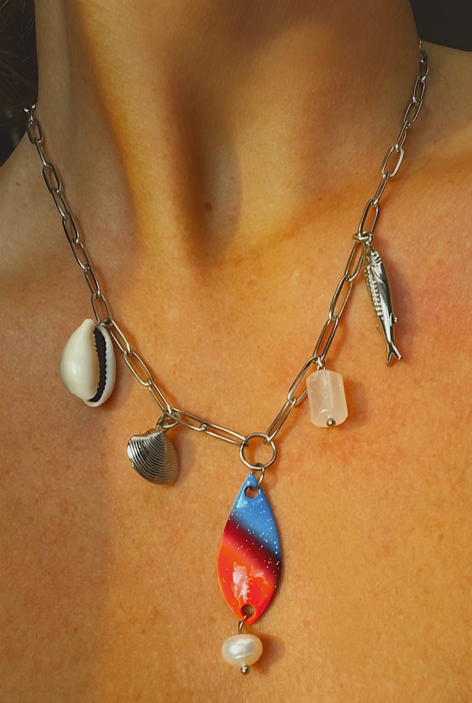 Multi-Charm Lure Necklace - Orange + Blue