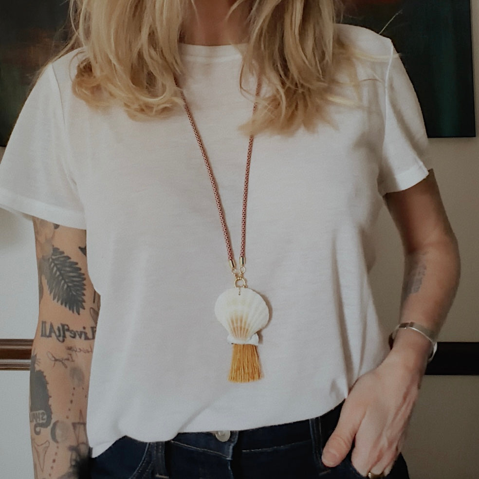 Scallop Shell Tassel Necklace, Burgundy and Cream Cord with Rust Tassel