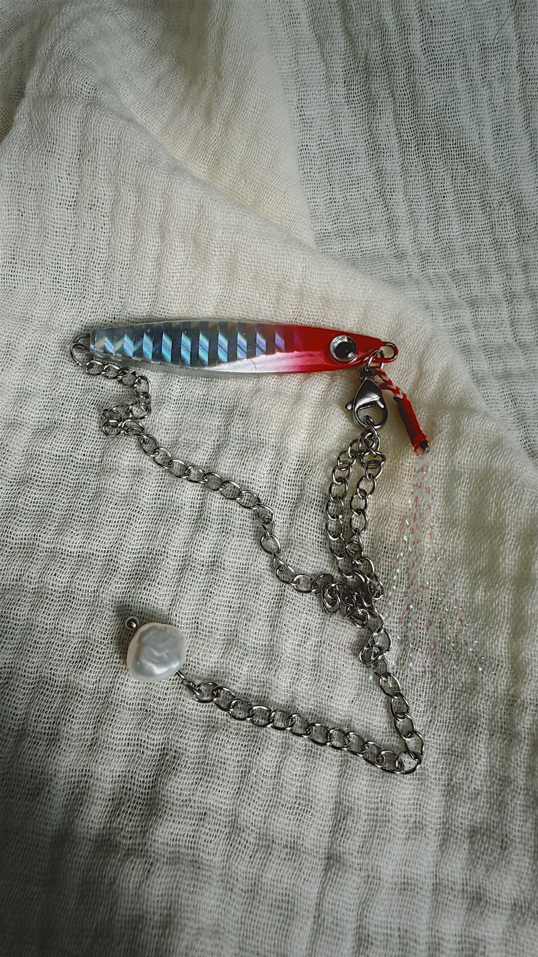 Fishing Lure Anklet - Stainless Steel - Silver Red Shimmer
