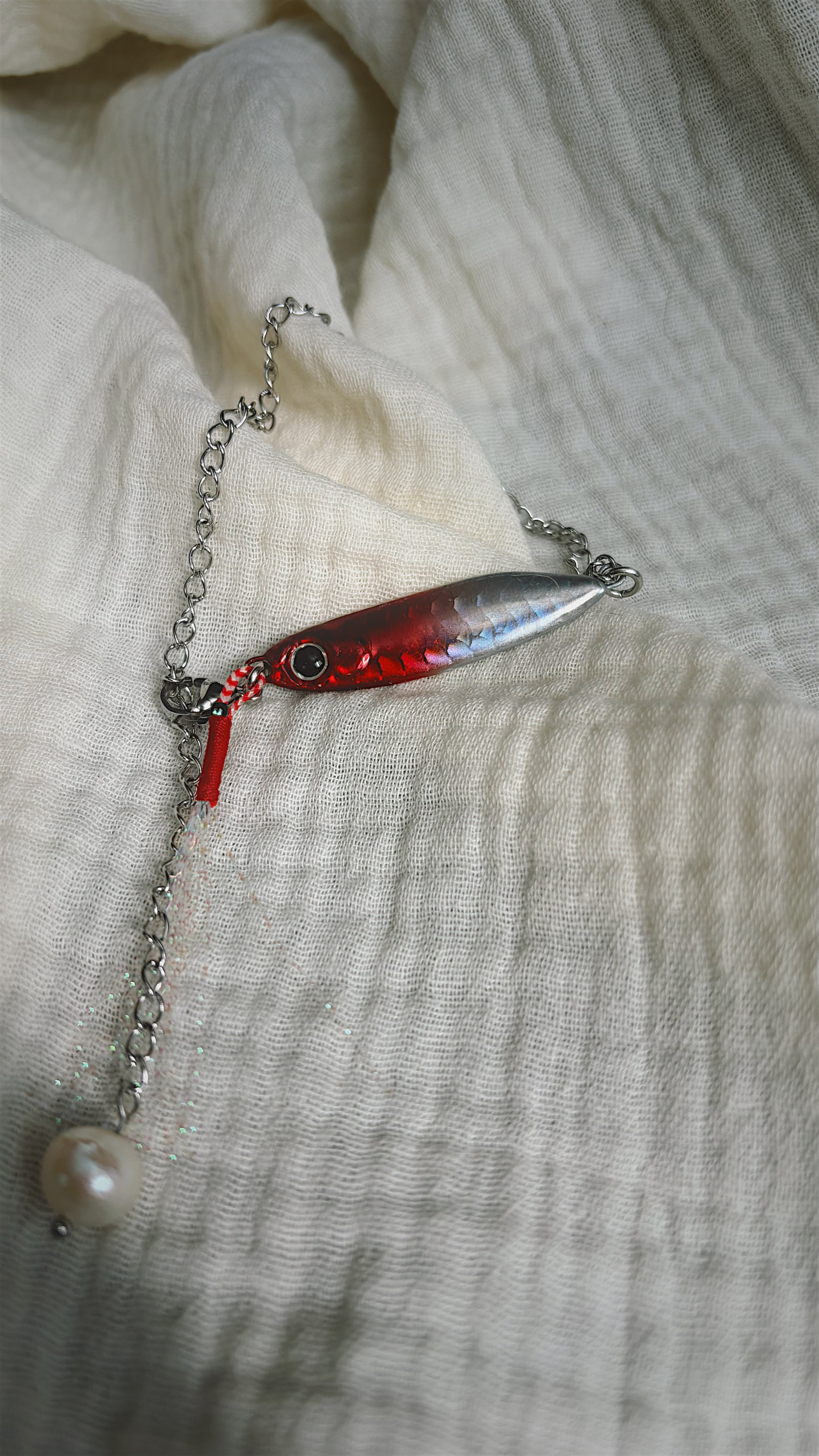 Fishing Lure Anklet - Stainless Steel - Red Silver