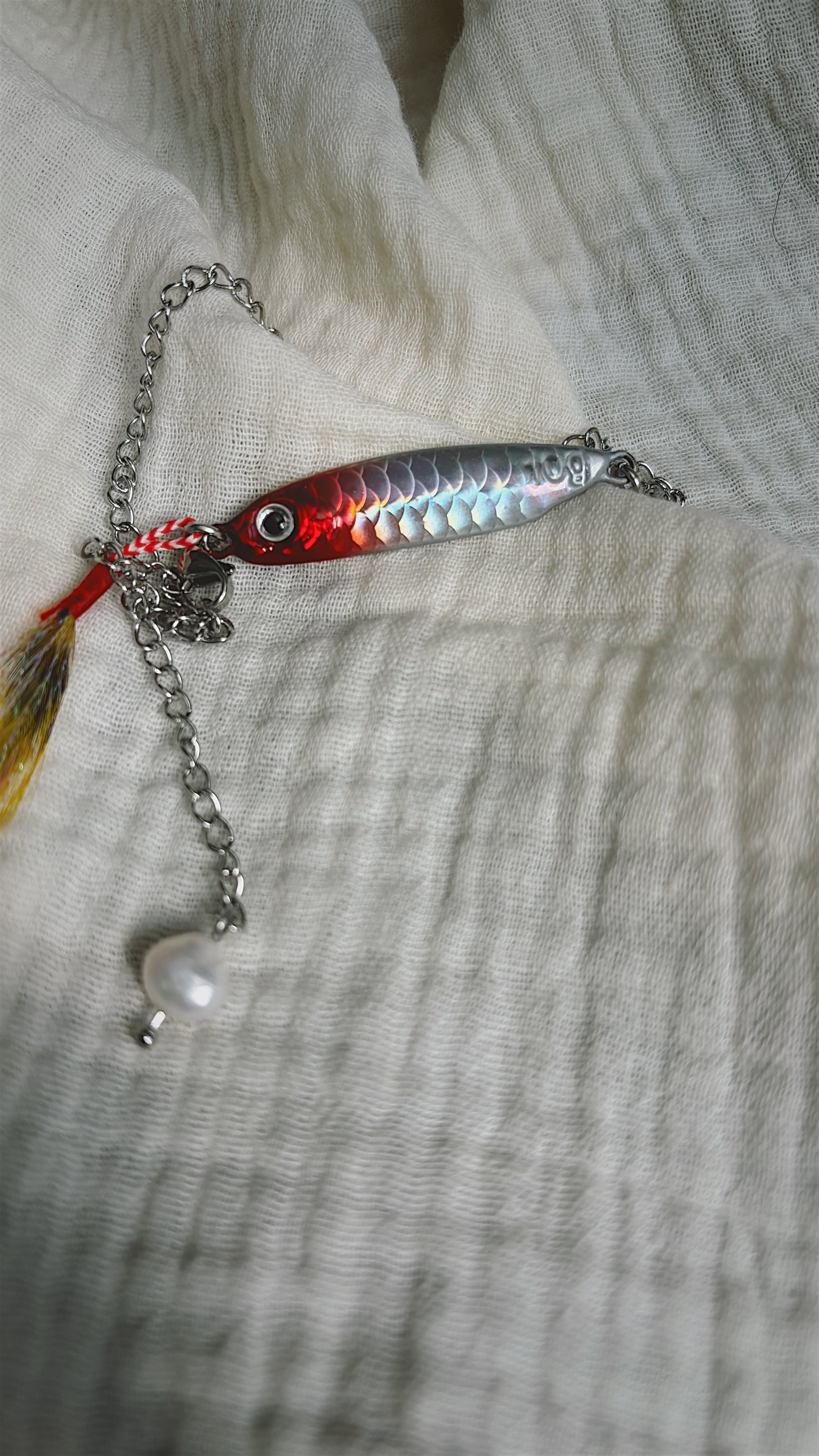 Fishing Lure Anklet - Stainless Steel - Silver Red