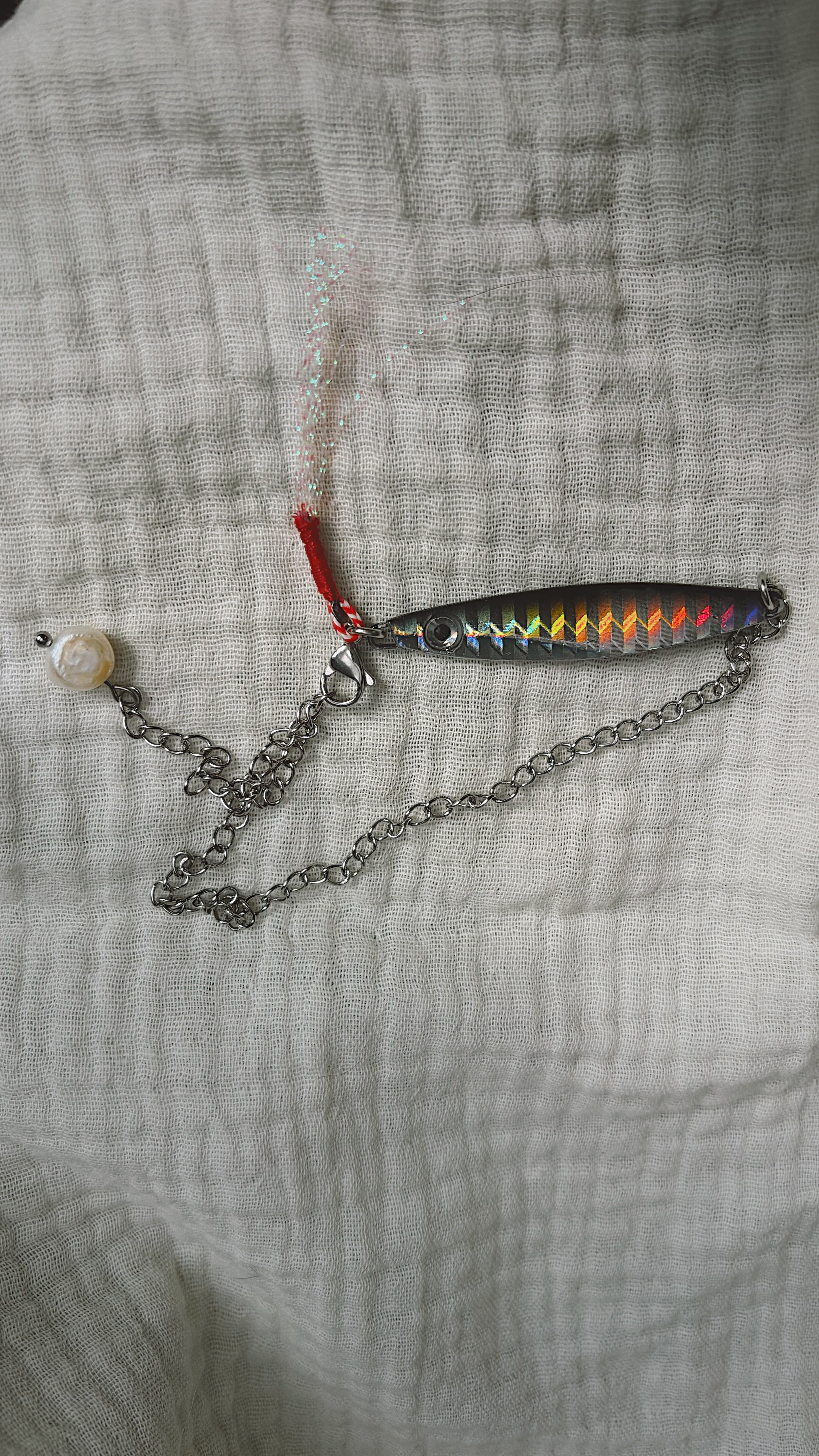 Fishing Lure Anklet - Stainless Steel - Shimmer Silver Black