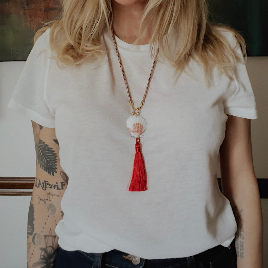 Scallop Shell Tassel Necklace, Burgundy and Cream Cord with Burgundy Tassel