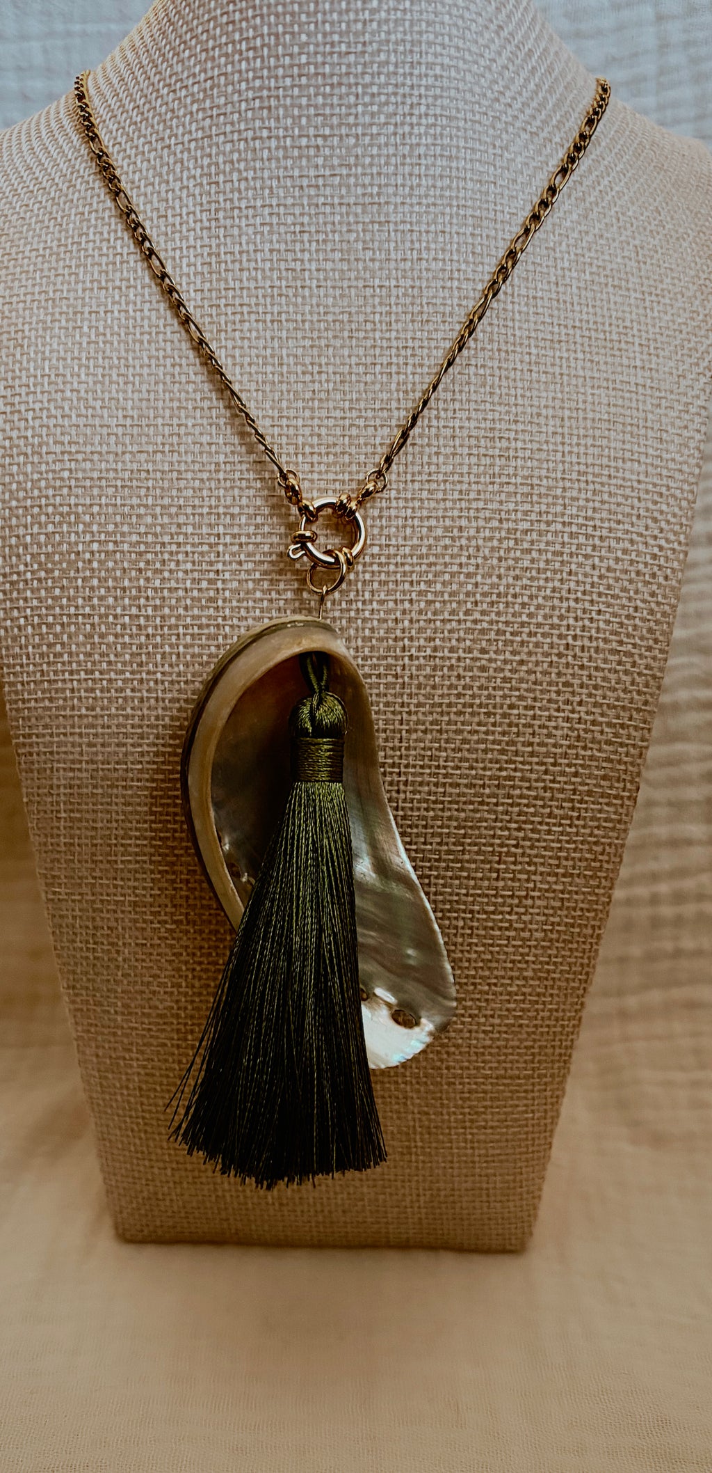 Abalone Shell Tassel Necklace, Gold with Olive Tassel