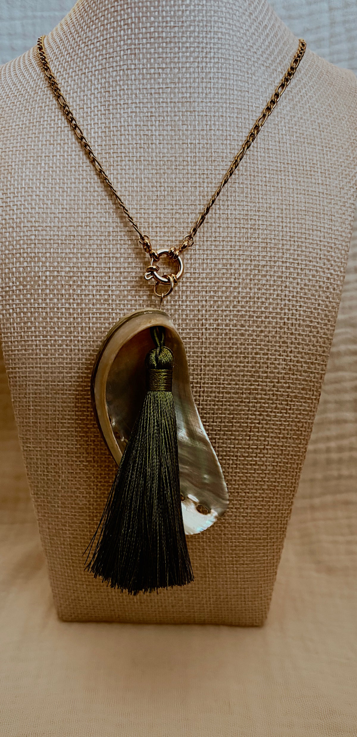 Abalone Shell Tassel Necklace, Gold with Olive Tassel