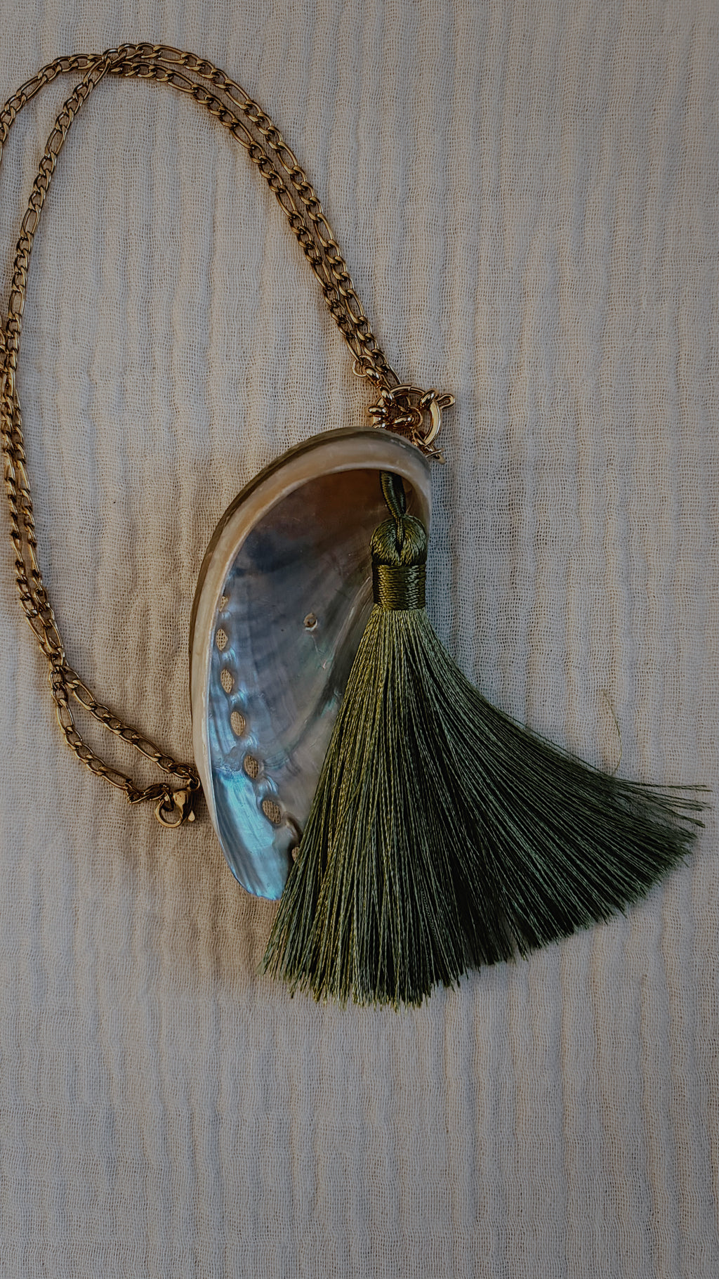 Abalone Shell Tassel Necklace, Gold with Olive Tassel
