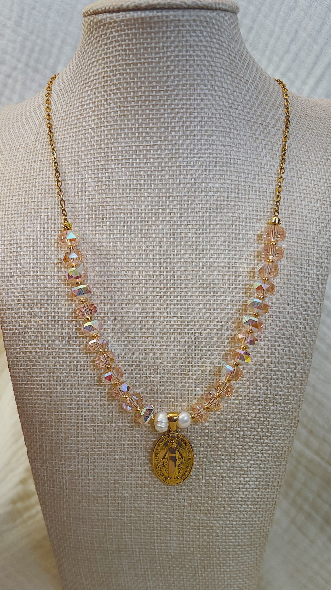 Stella Maris Necklace, Peach Crystal and Pearl