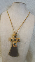 Jeweled Cross Tassel Necklace, Olive Green