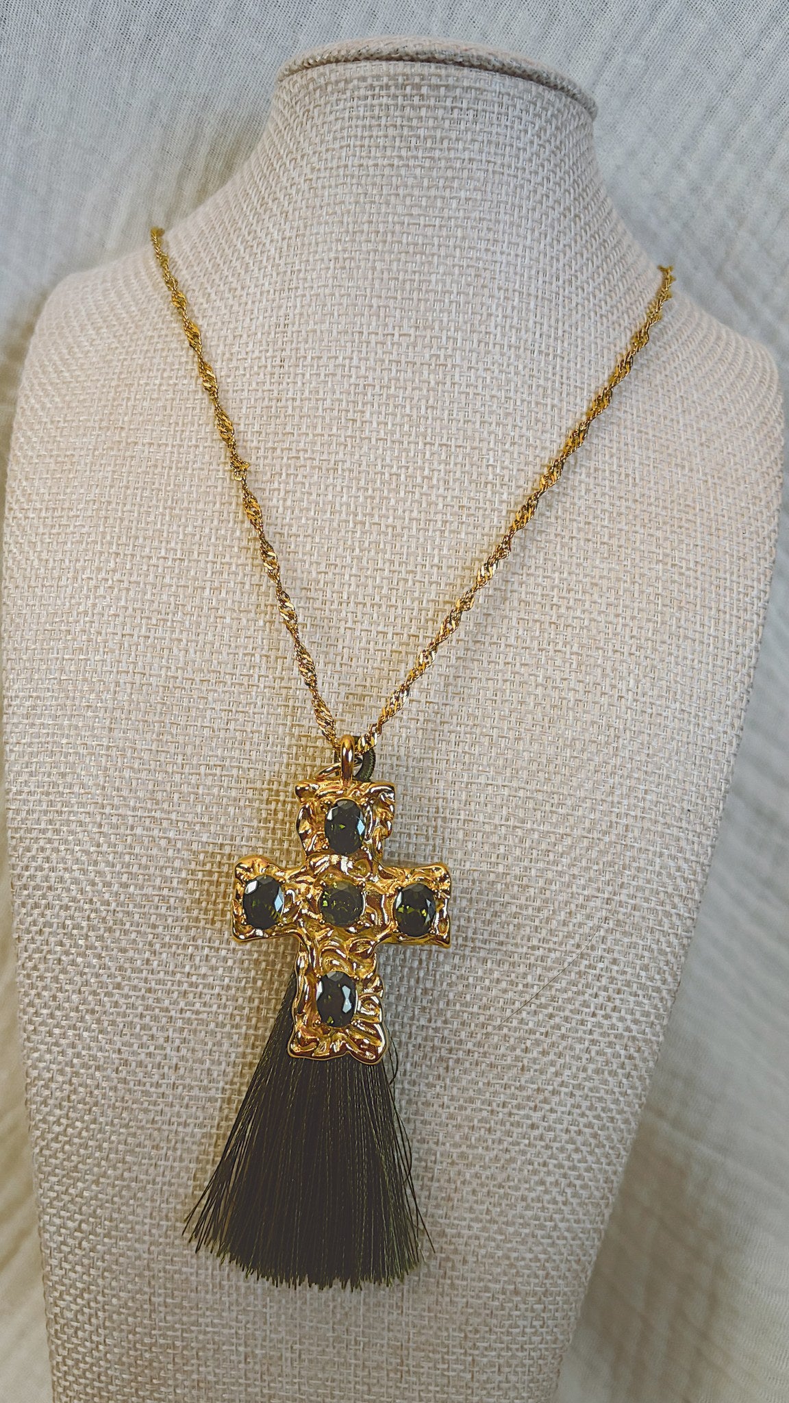Jeweled Cross Tassel Necklace, Olive Green