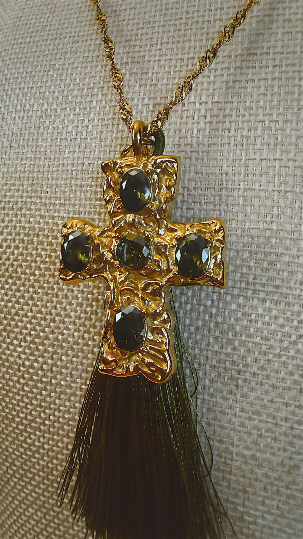 Jeweled Cross Tassel Necklace, Olive Green