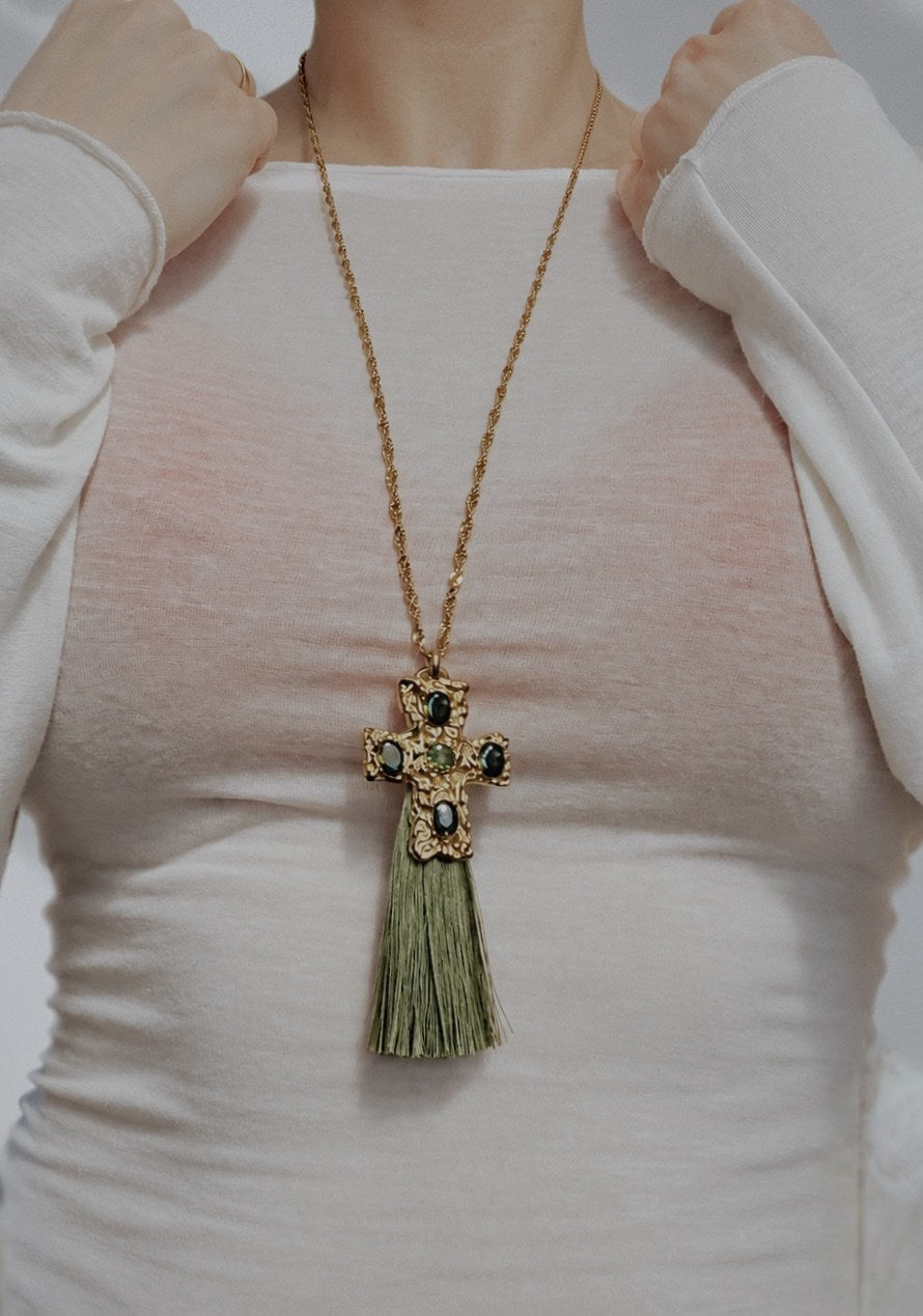 Jeweled Cross Tassel Necklace, Olive Green