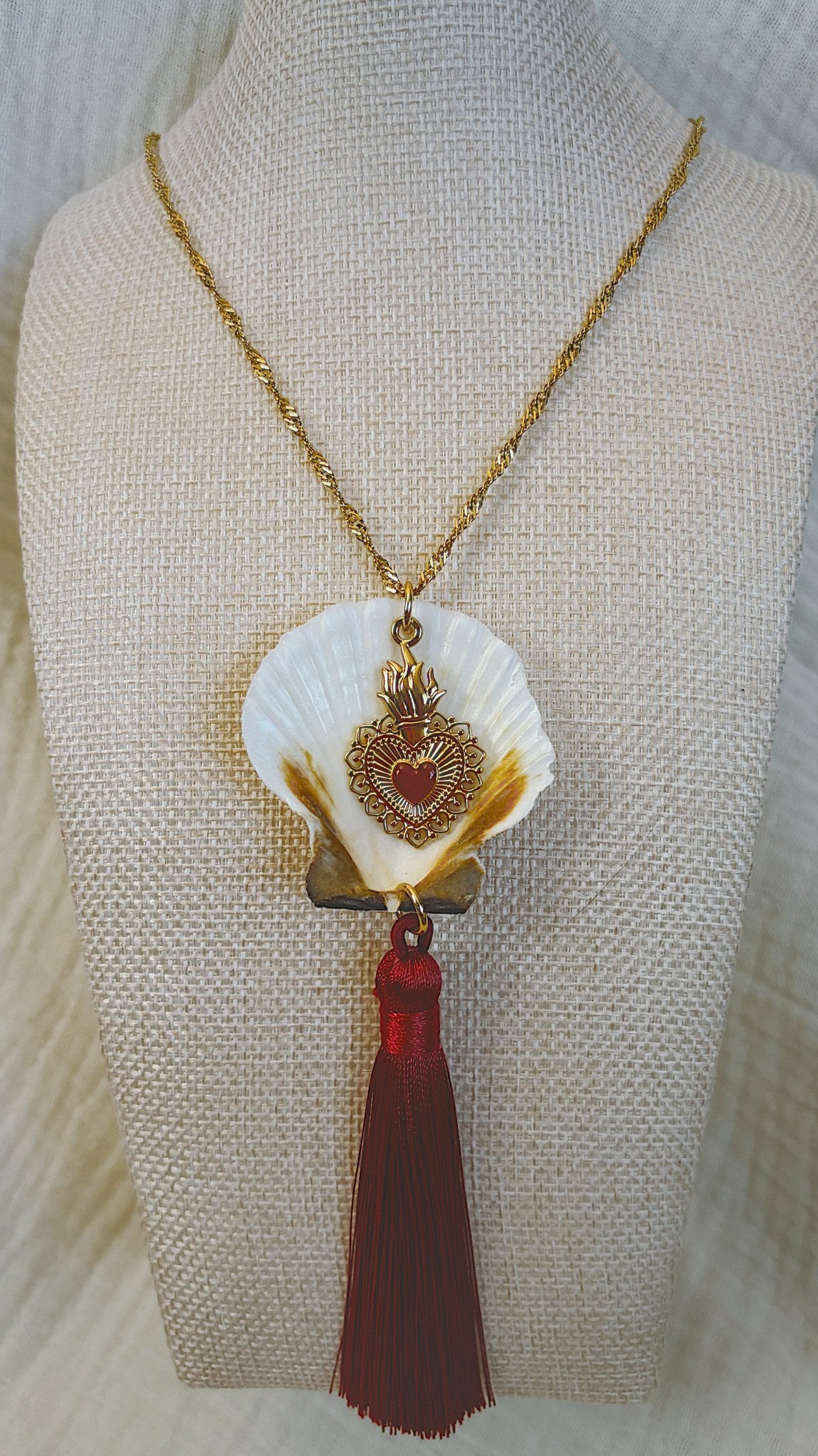 Sacred Heart Scallop Shell Tassel Necklace, Burgundy
