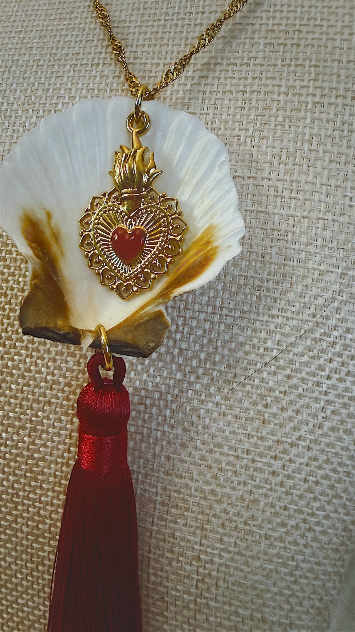 Sacred Heart Scallop Shell Tassel Necklace, Burgundy