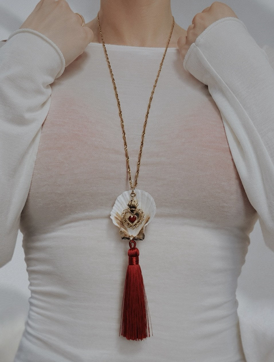 Sacred Heart Scallop Shell Tassel Necklace, Burgundy