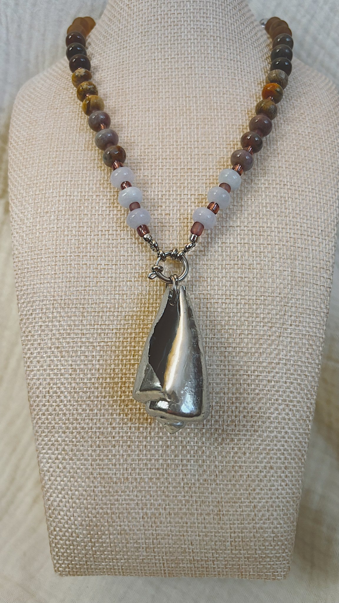 Chrome Cone Shell Necklace, Earthy Stone Beads