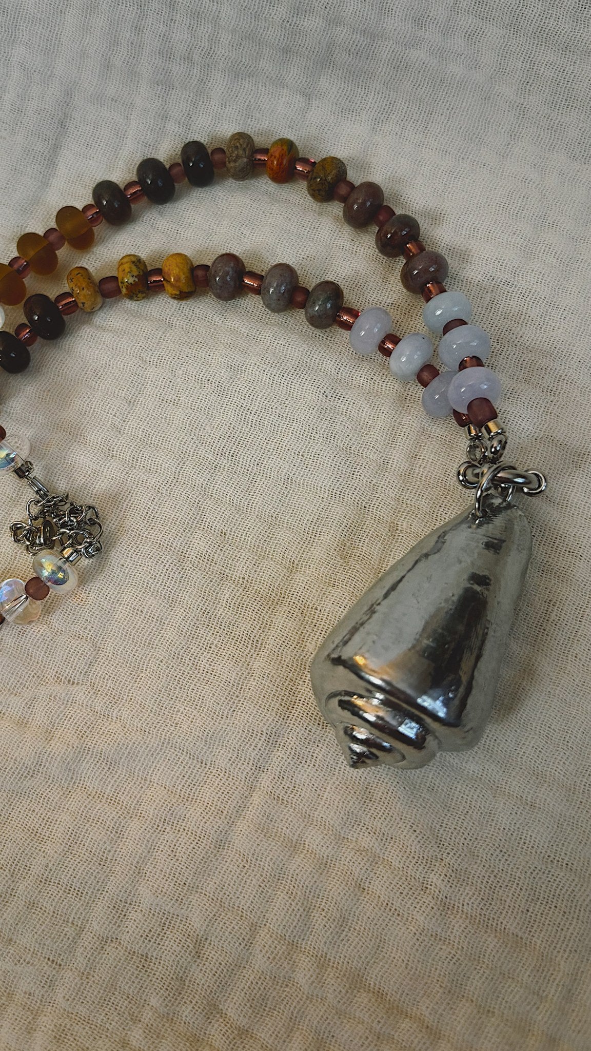 Chrome Cone Shell Necklace, Earthy Stone Beads