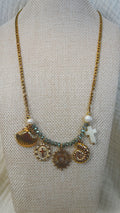 Shell and Cross Charm Necklace, Teal Crystal and Figaro Chain
