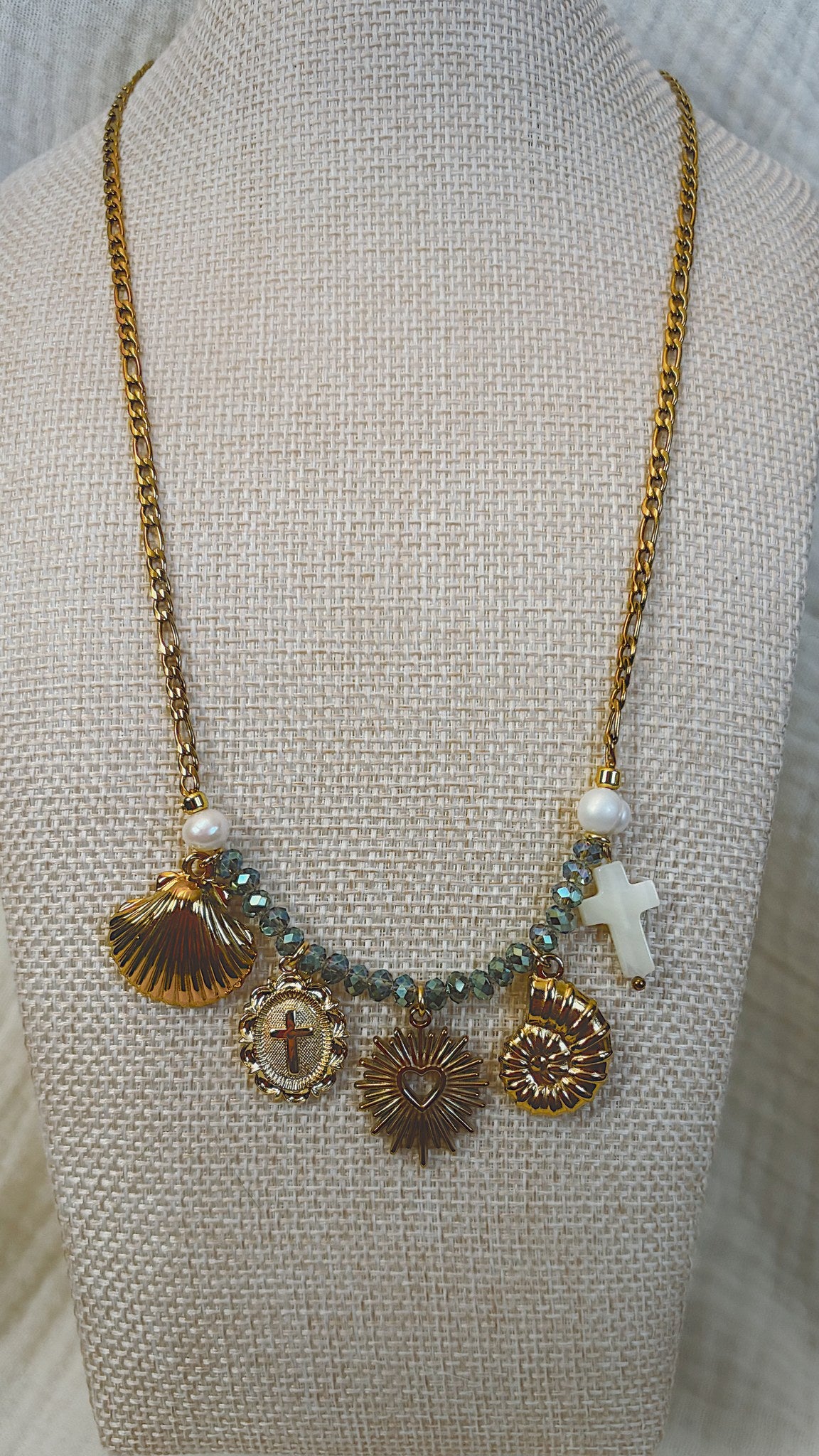 Shell and Cross Charm Necklace, Teal Crystal and Figaro Chain