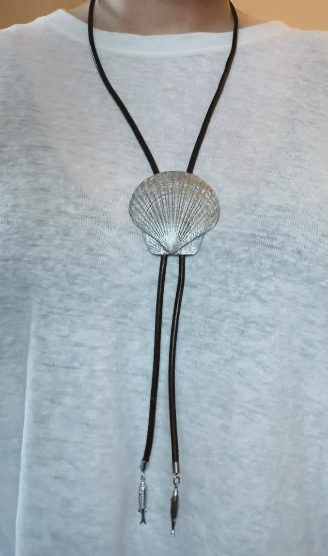 Chrome Scallop Shell Leather Bolo Necklace