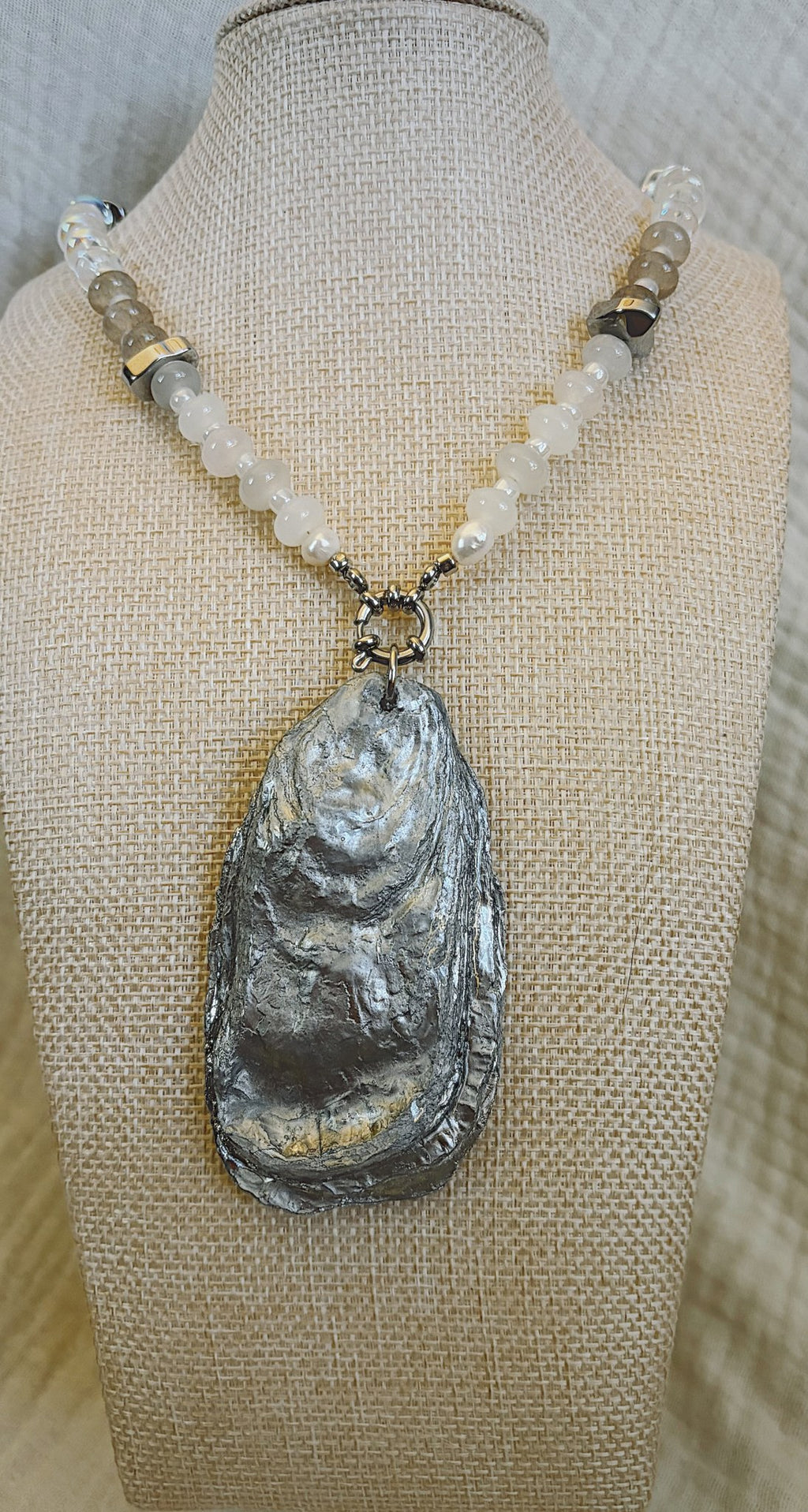 Chrome Oyster Shell Necklace, Pearl and Crystal Beads