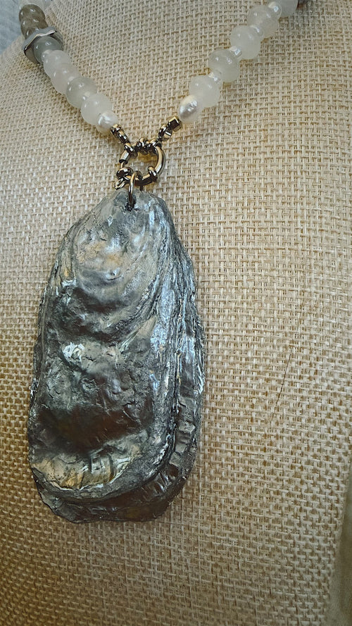 Chrome Oyster Shell Necklace, Pearl and Crystal Beads
