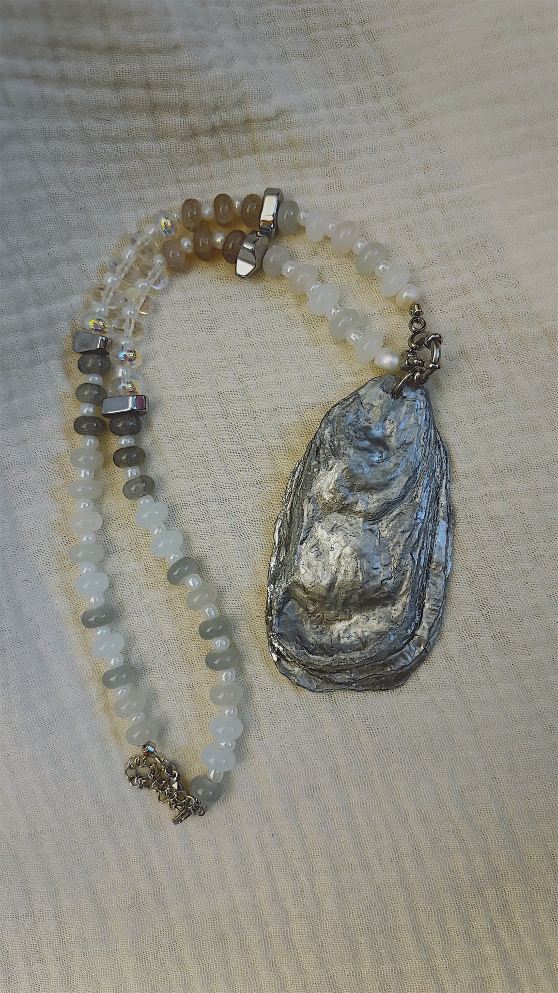 Chrome Oyster Shell Necklace, Pearl and Crystal Beads