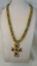 Jeweled Cross Necklace, Olive Stone Beads
