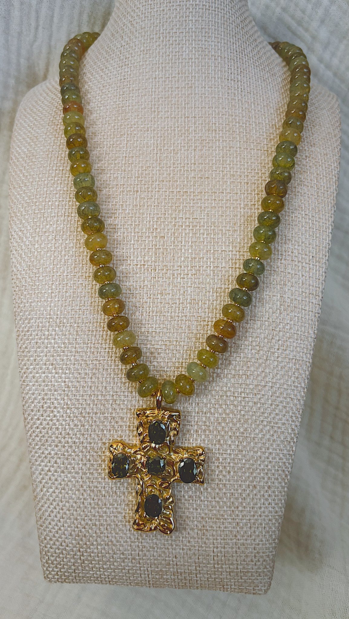 Jeweled Cross Necklace, Olive Stone Beads