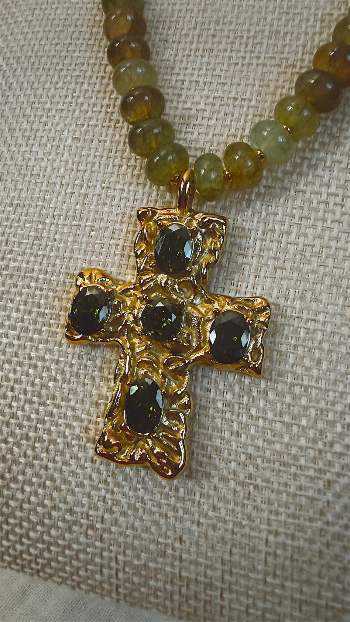 Jeweled Cross Necklace, Olive Stone Beads
