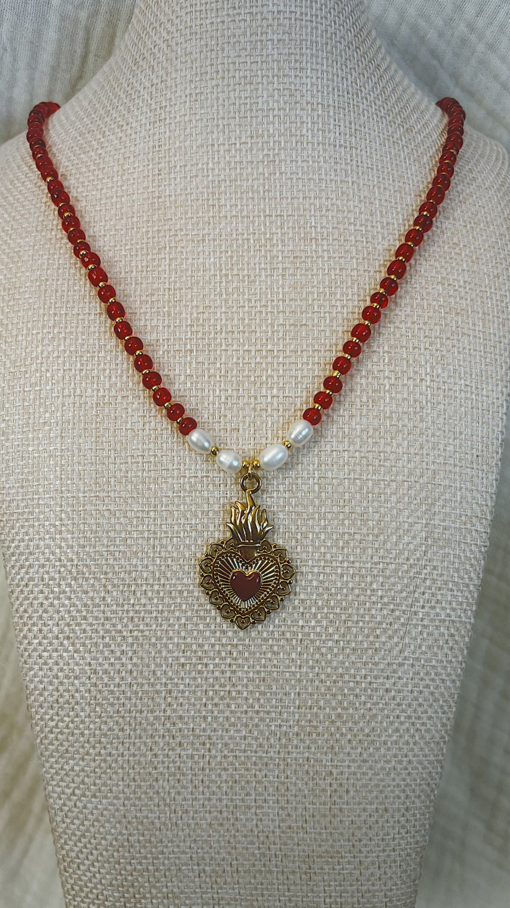 Sacred Heart Necklace, Red Glass and Pearl