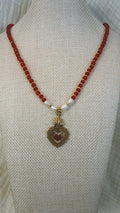 Sacred Heart Necklace, Red Glass and Pearl