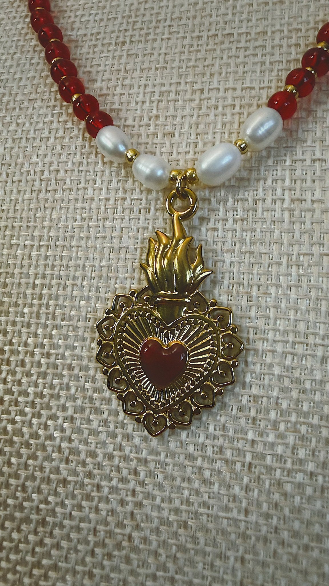 Sacred Heart Necklace, Red Glass and Pearl