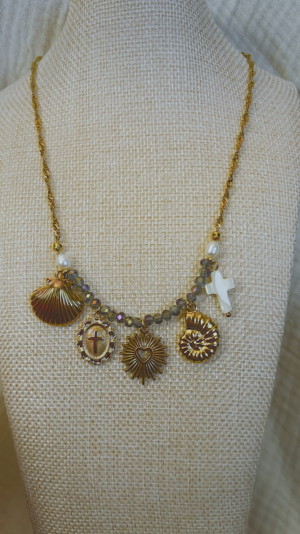Shell and Cross Charm Necklace, Smoky Crystal