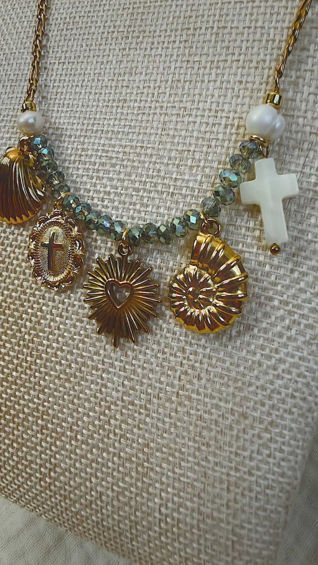 Shell and Cross Charm Necklace, Smoky Crystal