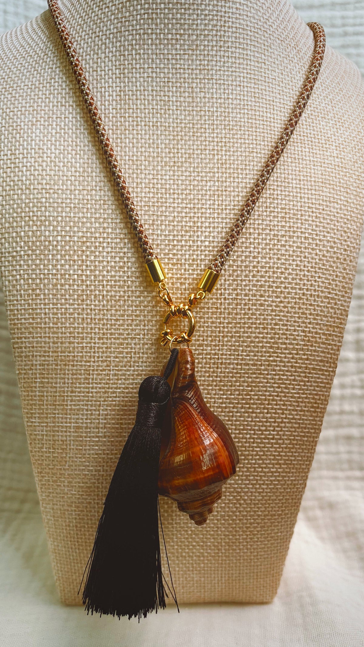 Dark espresso spiral shell necklace with black silk tassel