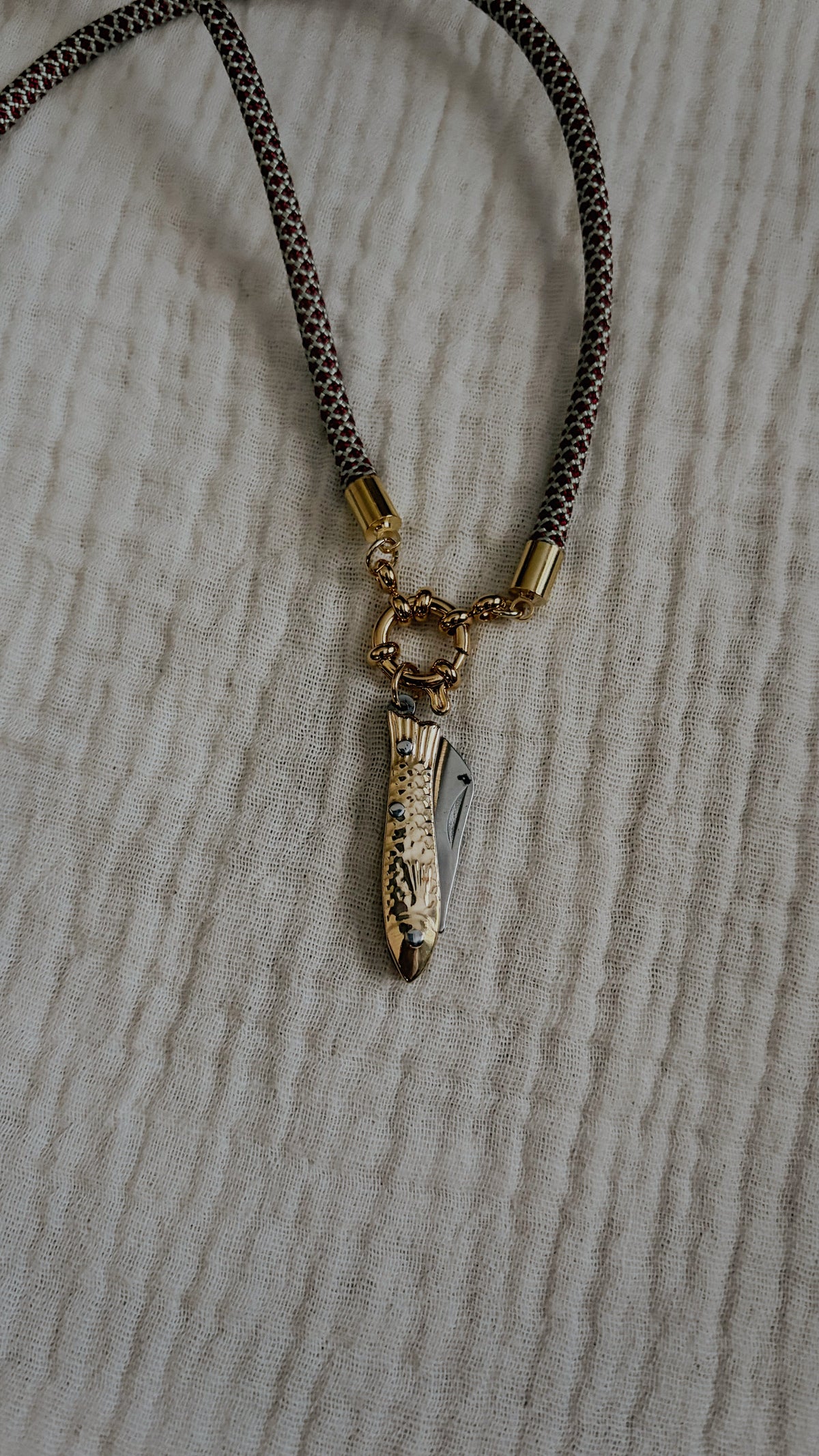 Vintage Dual-tone Fish Knife Necklace, Burgundy and Mint Cord