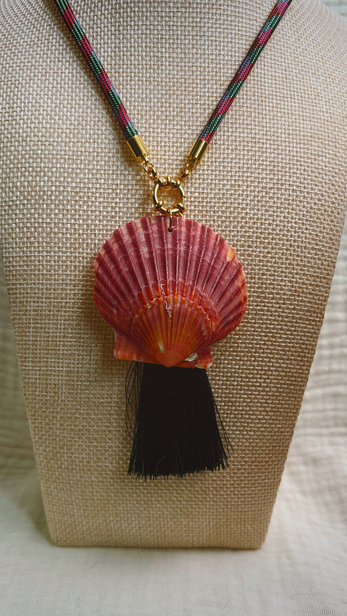 Scallop Shell Tassel Necklace, Multicolored Jewel Tone Color Cord with Emerald Tassel