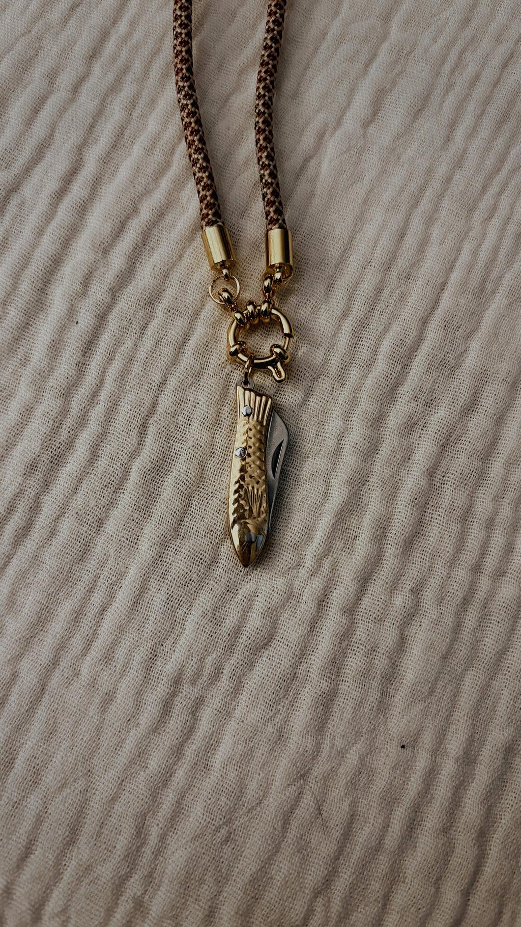 Vintage Dual-tone Fish Knife Necklace, Brown and Cream Cord