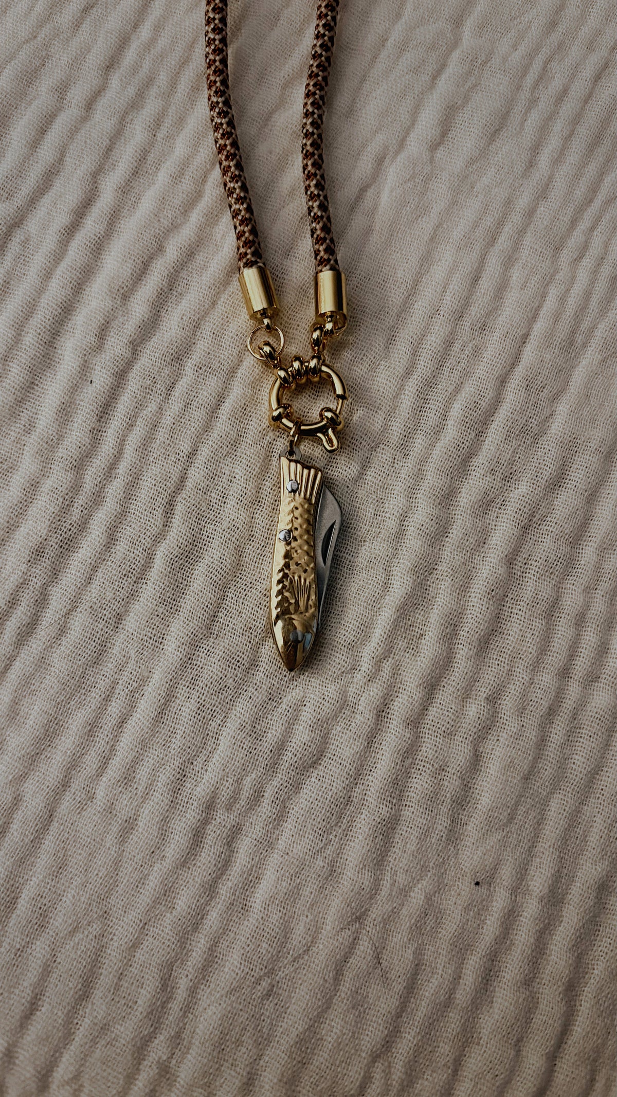 Vintage Dual-tone Fish Knife Necklace, Brown and Cream Cord