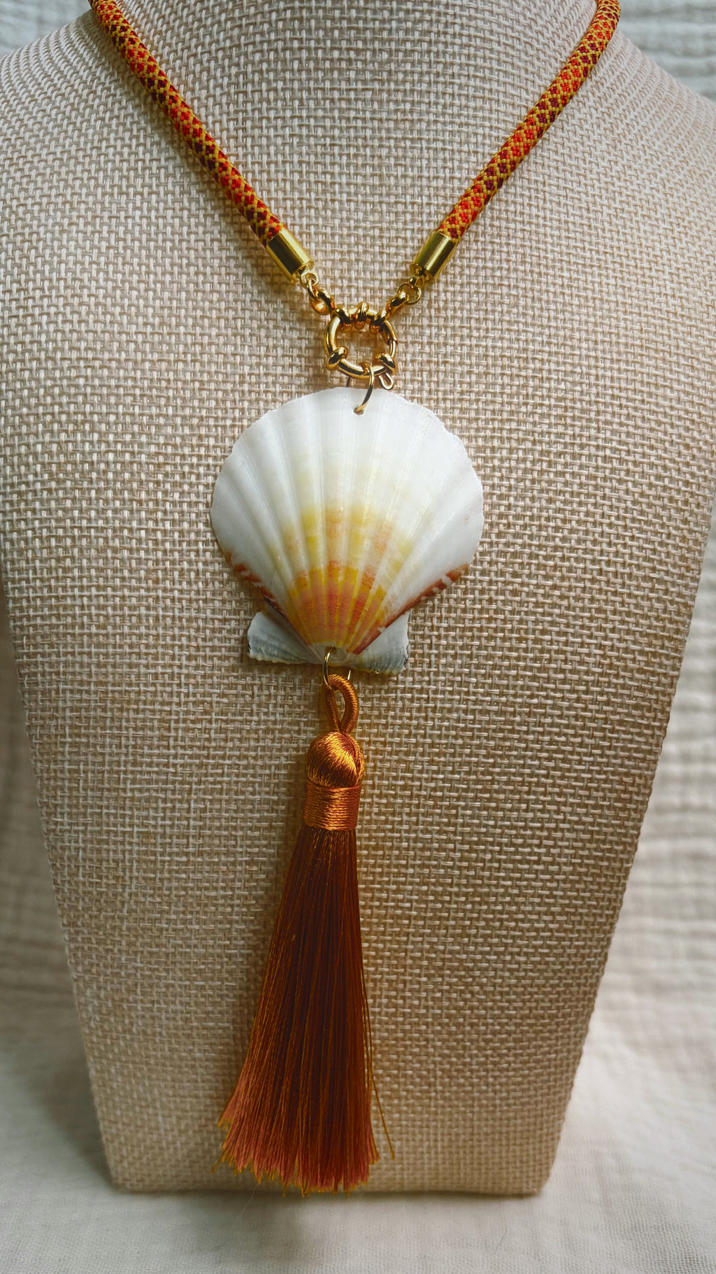 Scallop Shell Tassel Necklace, Gold, Orange and Burgundy Cord with Gold Tassel